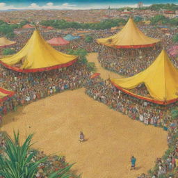 A surreal cartoon illustrating three distinct plants: the first bearing ripe rice grains, the second shimmering with golden nuggets, and the third unfolding into a lively fair with colorful tents and bustling crowds.