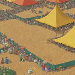 A surreal cartoon illustrating three distinct plants: the first bearing ripe rice grains, the second shimmering with golden nuggets, and the third unfolding into a lively fair with colorful tents and bustling crowds.