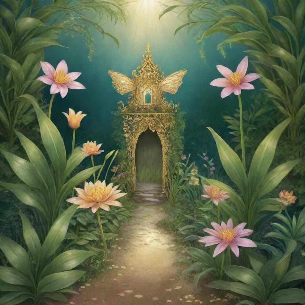 A fantastical cartoon of an enchanted garden with three plants - one flourishing with rice, another glittering with gold, and the last revealing a delicate fairy nestled within its leaves.