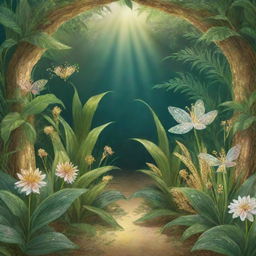 A fantastical cartoon of an enchanted garden with three plants - one flourishing with rice, another glittering with gold, and the last revealing a delicate fairy nestled within its leaves.