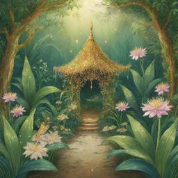 A fantastical cartoon of an enchanted garden with three plants - one flourishing with rice, another glittering with gold, and the last revealing a delicate fairy nestled within its leaves.