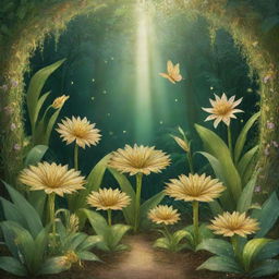 A fantastical cartoon of an enchanted garden with three plants - one flourishing with rice, another glittering with gold, and the last revealing a delicate fairy nestled within its leaves.