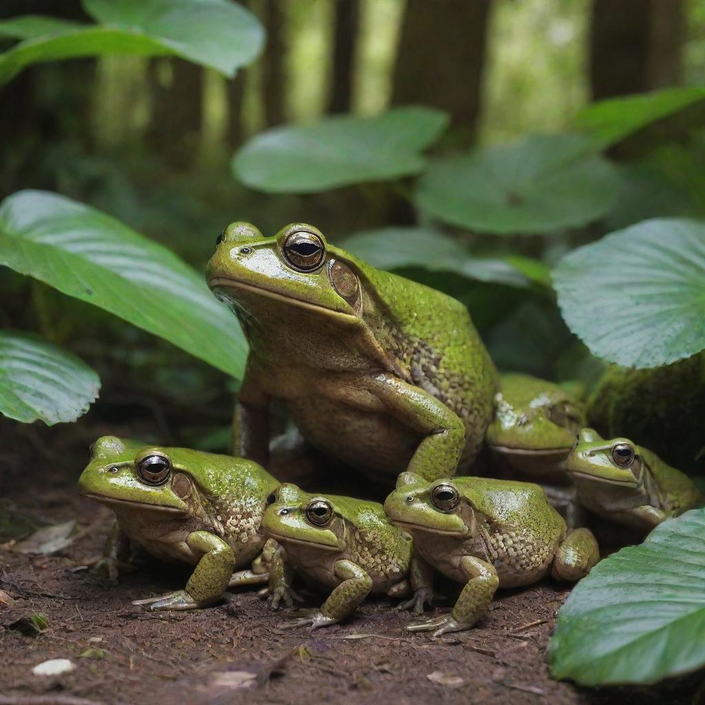 A giant frog with its five smaller offspring in a lush forest setting