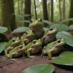 A giant frog with its five smaller offspring in a lush forest setting