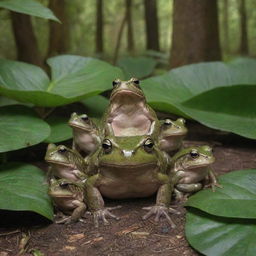 A giant frog with its five smaller offspring in a lush forest setting