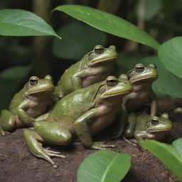 A giant frog with its five smaller offspring in a lush forest setting