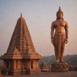 A grand Ram temple in warm sunrise light, with a towering statue of Shree Ram in the foreground.