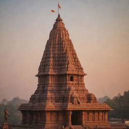 A grand Ram temple in warm sunrise light, with a towering statue of Shree Ram in the foreground.