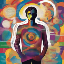 A visually striking abstract digital art image that portrays a man surrounded by various languages