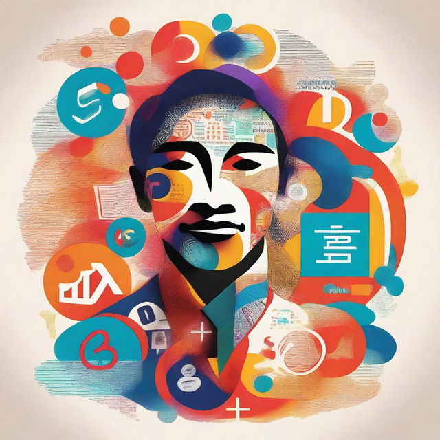 A visually striking abstract digital art image that portrays a man surrounded by various languages