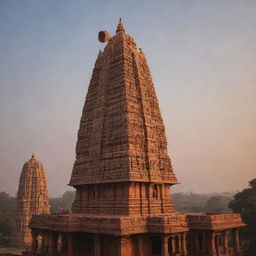 A grand Ram temple in warm sunrise light, with a towering statue of Shree Ram in the foreground.