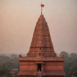 A grand Ram temple in warm sunrise light, with a towering statue of Shree Ram in the foreground.