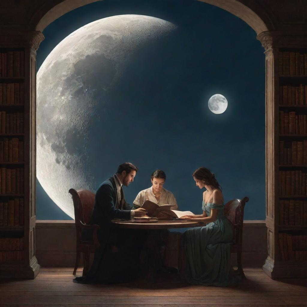 Illustrate a fantasy library scene with a man and a stunning woman engrossed in reading a book, under the soft illumination of a moon.