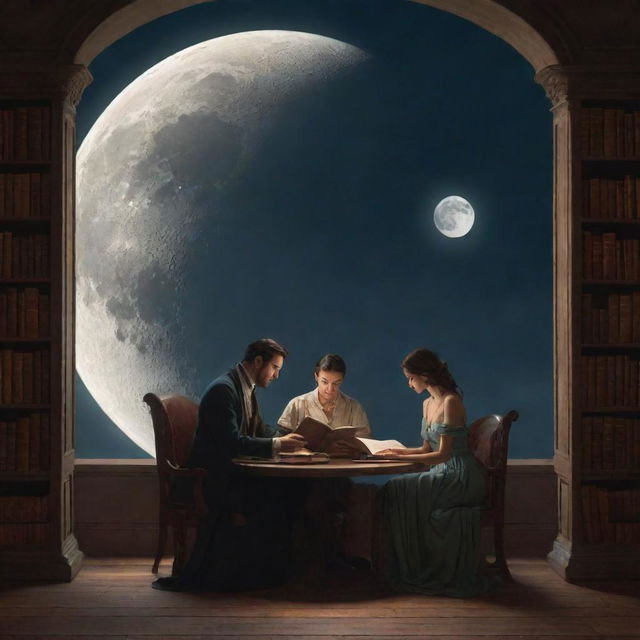 Illustrate a fantasy library scene with a man and a stunning woman engrossed in reading a book, under the soft illumination of a moon.