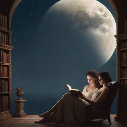 Illustrate a fantasy library scene with a man and a stunning woman engrossed in reading a book, under the soft illumination of a moon.