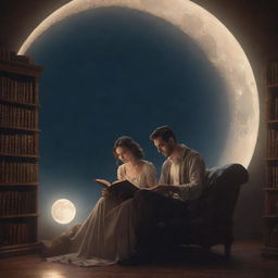 Illustrate a fantasy library scene with a man and a stunning woman engrossed in reading a book, under the soft illumination of a moon.