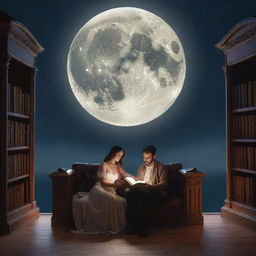 Illustrate a fantasy library scene with a man and a stunning woman engrossed in reading a book, under the soft illumination of a moon.