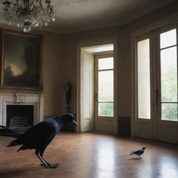 A mysterious, suspense-filled scene of a sneaky thief infiltrating a grand mansion to abscond with a prized bird.