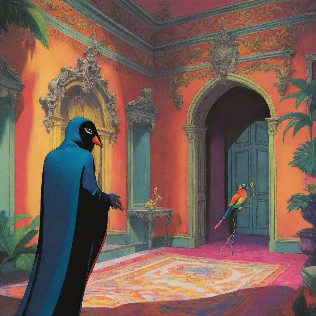 A vibrant cartoon depicting a sneaky thief, cloaked in shadows, infiltrating an opulent mansion and making off with a colorful, exotic bird.