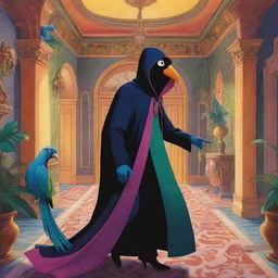 A vibrant cartoon depicting a sneaky thief, cloaked in shadows, infiltrating an opulent mansion and making off with a colorful, exotic bird.