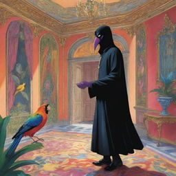 A vibrant cartoon depicting a sneaky thief, cloaked in shadows, infiltrating an opulent mansion and making off with a colorful, exotic bird.