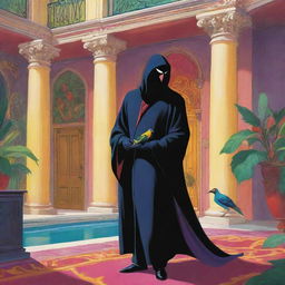 A vibrant cartoon depicting a sneaky thief, cloaked in shadows, infiltrating an opulent mansion and making off with a colorful, exotic bird.