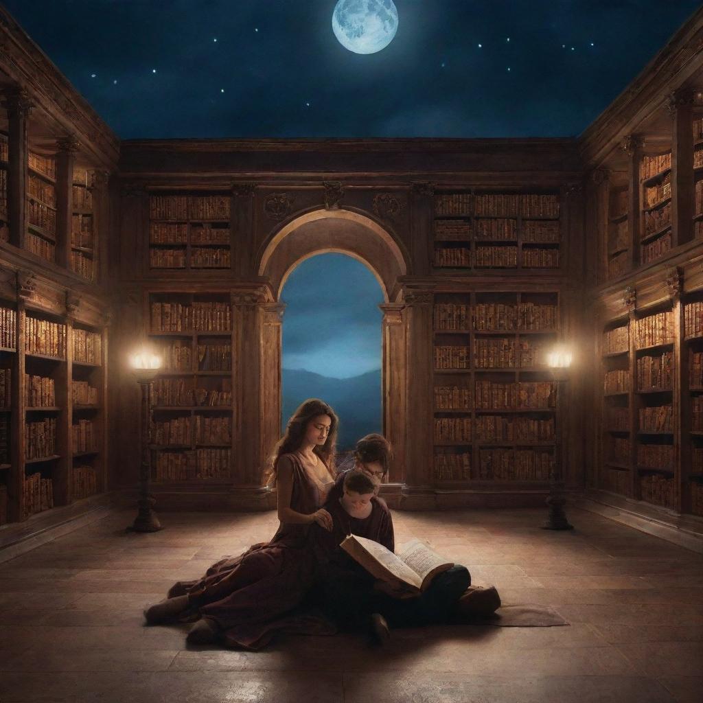 Depict a magical library setting with a man resembling Harry Potter and a woman similar to Selena Gomez, both immersed in a book under the enchanting moonlight.