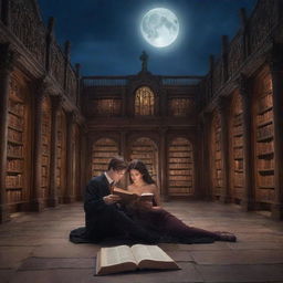 Depict a magical library setting with a man resembling Harry Potter and a woman similar to Selena Gomez, both immersed in a book under the enchanting moonlight.