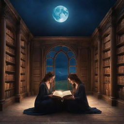 Depict a magical library setting with a man resembling Harry Potter and a woman similar to Selena Gomez, both immersed in a book under the enchanting moonlight.