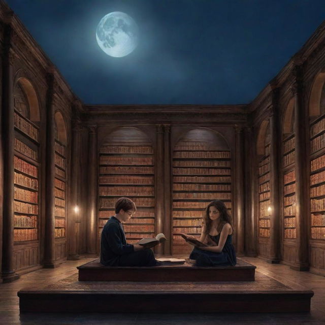 Depict a magical library setting with a man resembling Harry Potter and a woman similar to Selena Gomez, both immersed in a book under the enchanting moonlight.