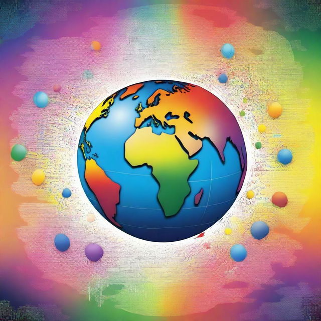 This image is a high-quality digital art piece that depicts the concept of basic language as colorful ideas on the globe