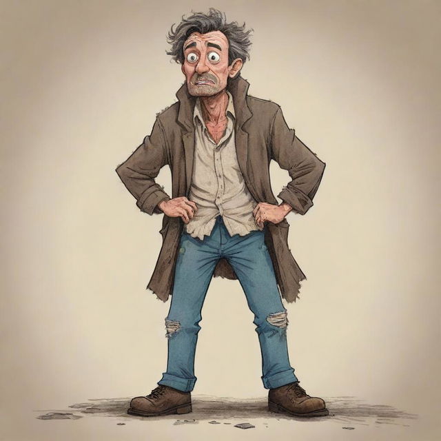 A cartoon illustration of a disillusioned man, suffering from misfortune, dressed in tattered clothes and experiencing a series of comedic setbacks.