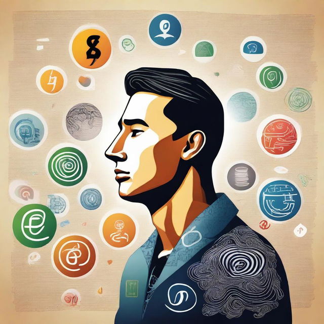 This high-resolution digital art image features a man deep in thought, surrounded by various symbols representing different languages