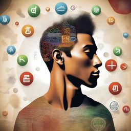 This high-resolution digital art image features a man deep in thought, surrounded by various symbols representing different languages