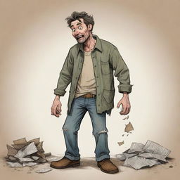 A cartoon illustration of a disillusioned man, suffering from misfortune, dressed in tattered clothes and experiencing a series of comedic setbacks.