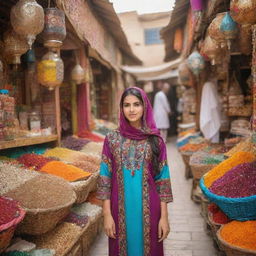 An Arab girl in traditional clothing, standing amidst an exotic Arabian market with vibrant colors and unique textures around her.