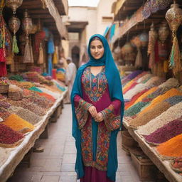 An Arab girl in traditional clothing, standing amidst an exotic Arabian market with vibrant colors and unique textures around her.