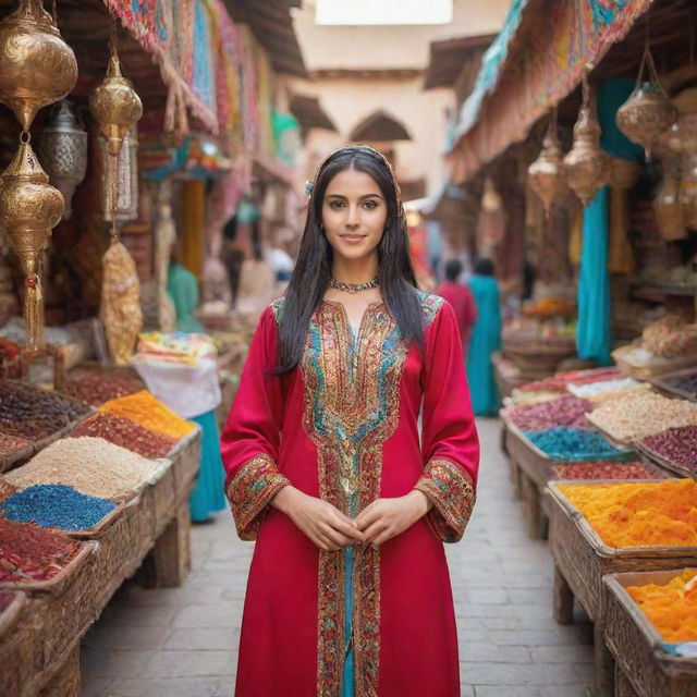 An Arab girl in traditional clothing, standing amidst an exotic Arabian market with vibrant colors and unique textures around her.