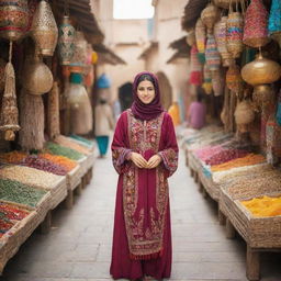 An Arab girl in traditional clothing, standing amidst an exotic Arabian market with vibrant colors and unique textures around her.