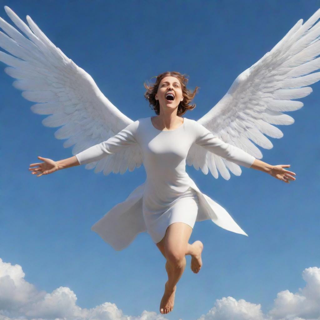 A 3D image of an angel falling from the sky, with wings unfurled and a look of surprise on its face.