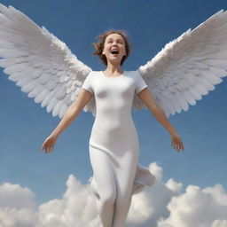 A 3D image of an angel falling from the sky, with wings unfurled and a look of surprise on its face.