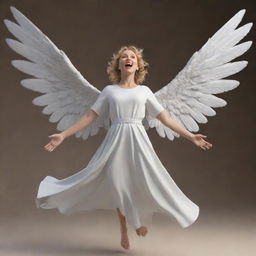 A 3D image of an angel falling from the sky, with wings unfurled and a look of surprise on its face.