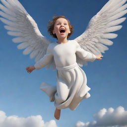 A 3D image of an angel falling from the sky, with wings unfurled and a look of surprise on its face.