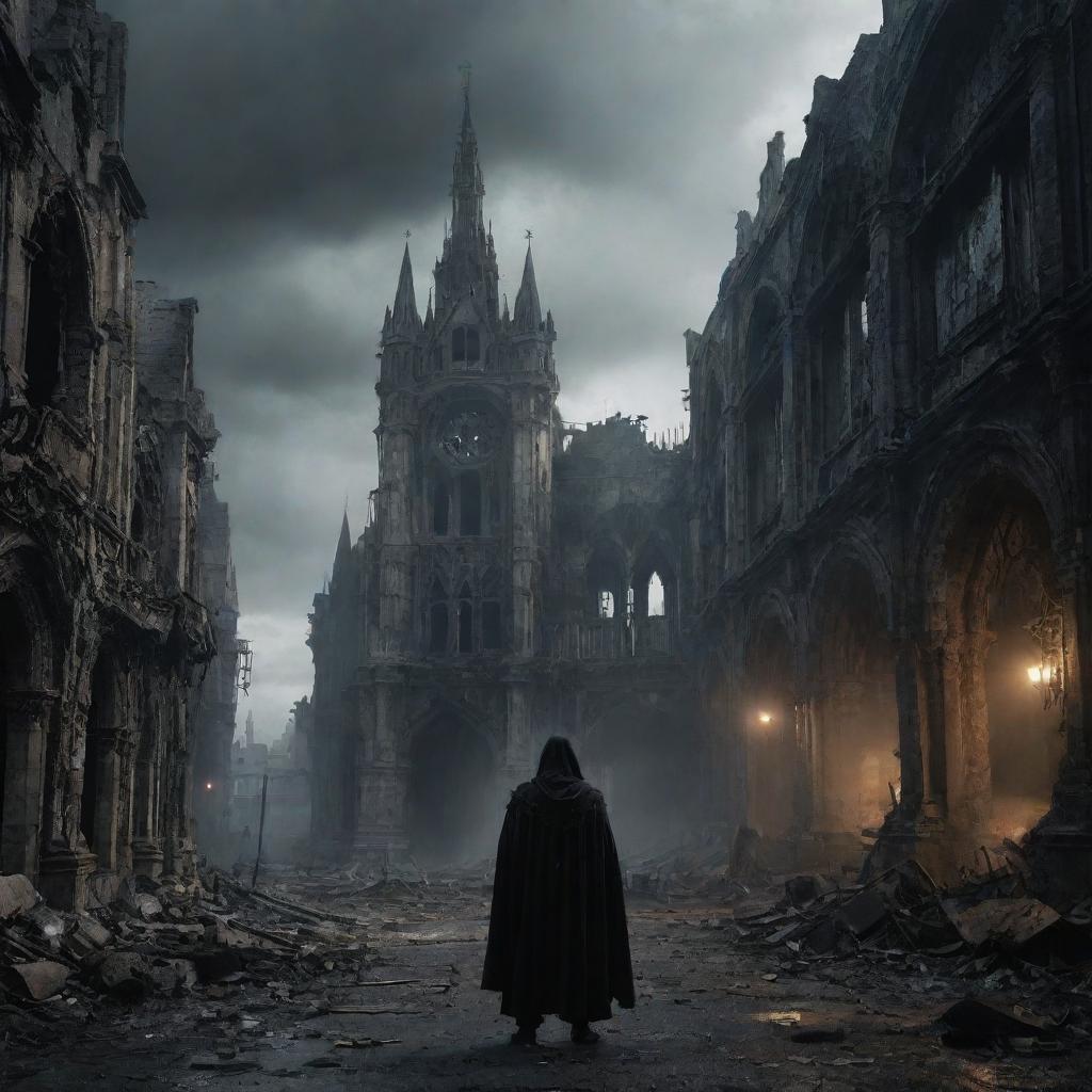 Gothic fantasy styled interpretation of a post-apocalyptic war scene, featuring crumbling architectures, ethereal lights and shadowy figures shrouded in tattered robes.