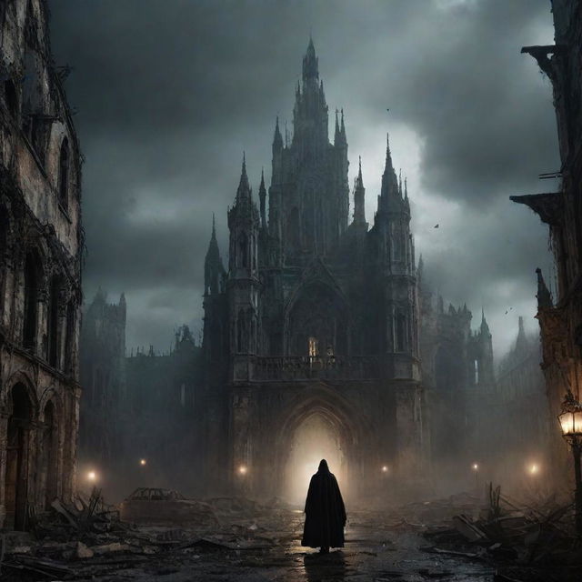 Gothic fantasy styled interpretation of a post-apocalyptic war scene, featuring crumbling architectures, ethereal lights and shadowy figures shrouded in tattered robes.