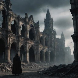 Gothic fantasy styled interpretation of a post-apocalyptic war scene, featuring crumbling architectures, ethereal lights and shadowy figures shrouded in tattered robes.