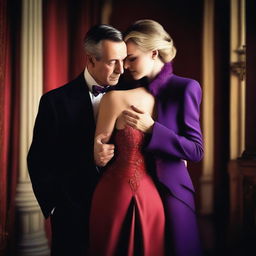 A high-quality photograph capturing a man in a warm embrace with a charming lady in a simple red dress