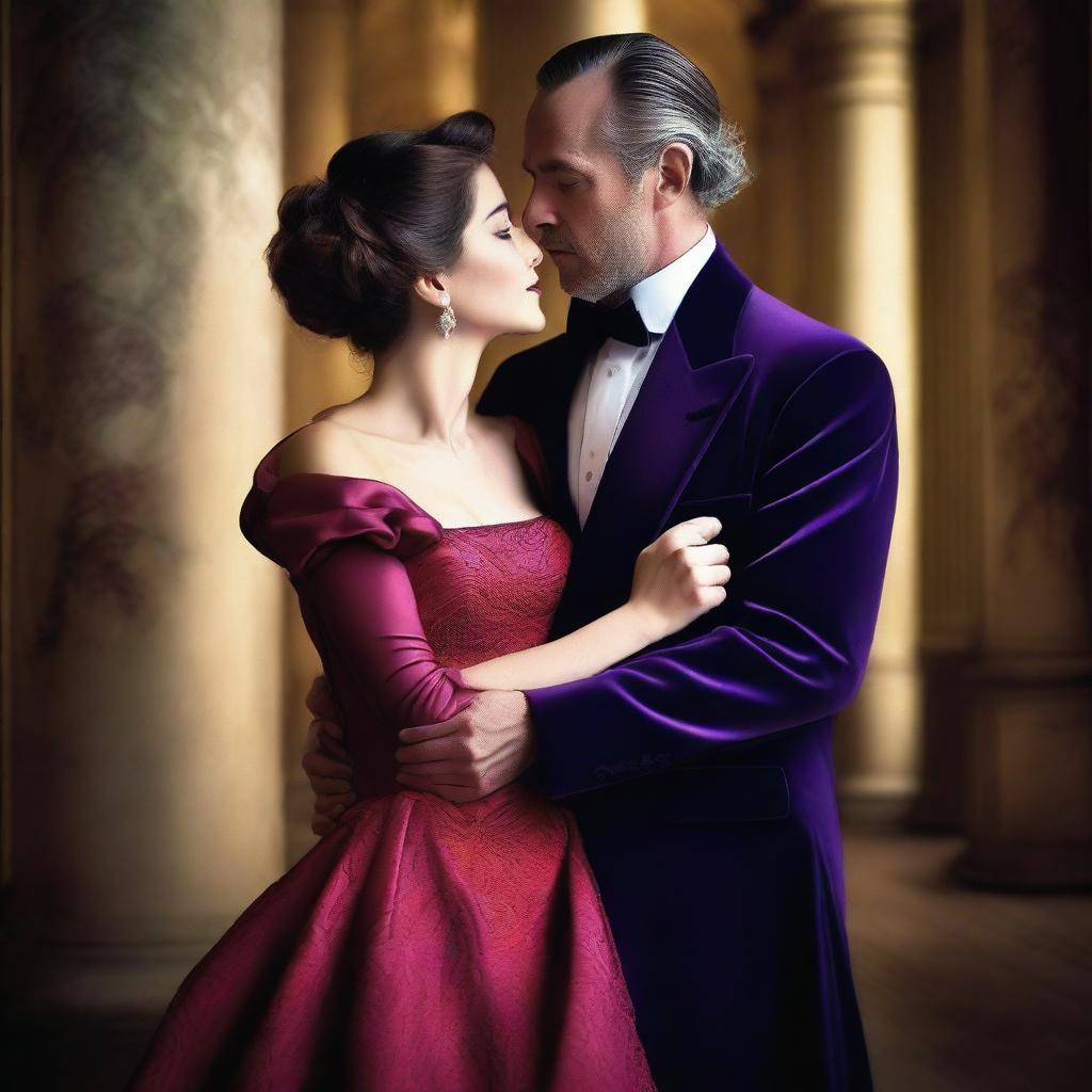 A high-quality photograph capturing a man in a warm embrace with a charming lady in a simple red dress