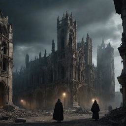 Gothic fantasy styled interpretation of a post-apocalyptic war scene, featuring crumbling architectures, ethereal lights and shadowy figures shrouded in tattered robes.