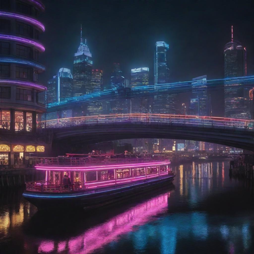 Generate an image of a cyberpunk river cityscape at night lit by neon lights, an old-fashioned steamboat is passing under a futuristic, illuminated bridge